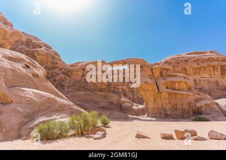 Scenic view of Um Fruth rock arch in Wadi Rum desert, Jordan. Stock Photo