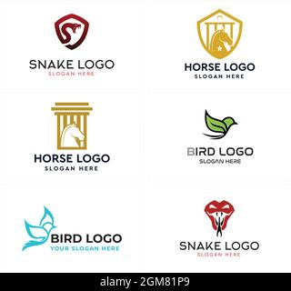 Pet shop snake bird and horse law pillar shield logo design Stock Vector