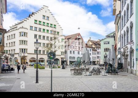 SCHAFFHAUSEN, SWITZERLAND - APRIL 15, 2018: View of the vordergasse street in the swiss city Schaffhausen Stock Photo