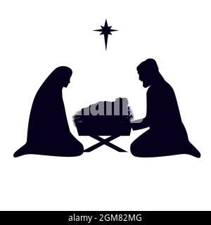 Christmas story Mary Joseph and baby Jesus in manger. Nativity scene in silhouette of baby Jesus in the manger with star. The Birth of Christ, vector Stock Vector