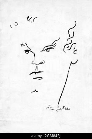 Programme Front Cover with Drawing of ORSON WELLES by JEAN COCTEAU for his Stage Presentation AN EVENING WITH ORSON WELLES (including Time Runs a version of the Faust Legend based on works by Marlowe Milton and Dante with music by Duke Ellington) 1950 written directed and produced by Orson Welles and performed in Paris and on tour in Germany 1950 - 1951 Stock Photo