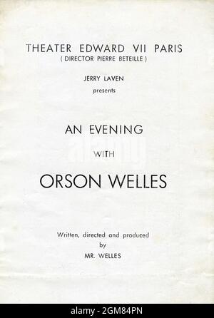 Title Page of Programme for ORSON WELLES in his Stage Presentation AN EVENING WITH ORSON WELLES (including Time Runs a version of the Faust Legend based on works by Marlowe Milton and Dante with music by Duke Ellington) 1950 written directed and produced by Orson Welles and performed in Paris and on tour in Germany 1950 - 1951 Stock Photo