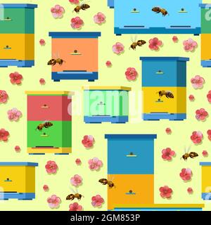 Apiary with bees and hives. Surrounded by pink flowers of fruit trees. Seamless pattern. Vector Stock Vector