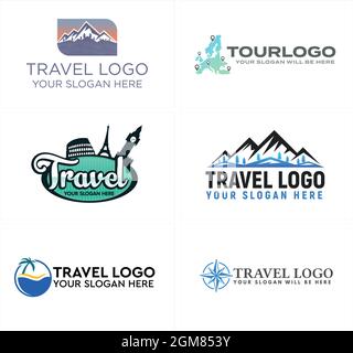 Travel tour family mountain beach Colosseum Rome Eiffel Tower logo design  Stock Vector