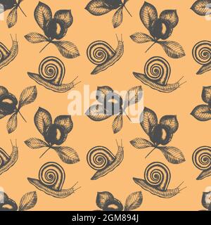 Pattern autumn snail and chestnut, hand drawing, stamp, silhouette imprint. Seamless, orange background. Vector illustration Stock Vector