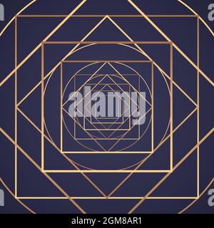 Abstract vector background with golden squares and circles. Dark blue luxury backdrop with golden details. Stock Vector