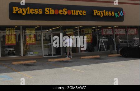 Tyler, TX - March 6, 2019 : Payless ShoeSource on 5th Street with Going out of Business signs, Tyler TX Stock Photo