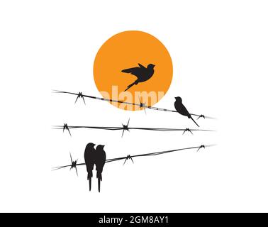 Birds silhouettes on wire on sunset, vector. Birds illustration, illustration. Wall decals, art decoration, wall artwork. Birds silhouettes on wire Stock Vector