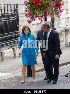London, UK. 17th Sep, 2021. Nancy Pelosi Speaker of the US House of Representatives leaves Downing Street after meetings with Alok Sharma, President of COP 26 centre Philip Reeker Charge d’affaires, US Embassy London Credit: Ian Davidson/Alamy Live News Stock Photo