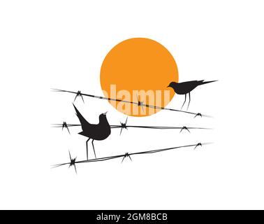 Birds silhouettes on wire on sunset, vector. Birds illustration, illustration. Wall decals, art decoration, wall artwork. Birds silhouettes on wire Stock Vector