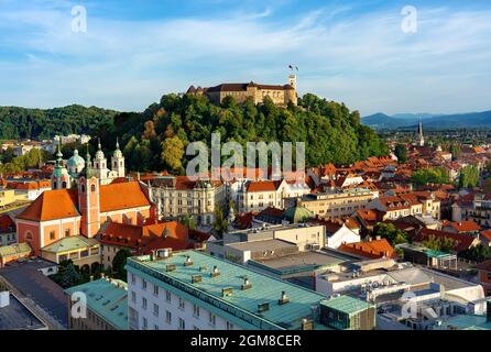 Arial View of Ljubljana castle Ljubljanski grad Laibacher Schloss and the old town of Ljubljana Stock Photo