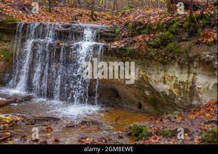waterfall in the forest among fallen and orange leaves Stock Photo