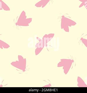 Vector pink butterfly on pastel yellow background. Seamless pattern backdrop with varied silhouettes of butterflies. Simple flying bugs scattered Stock Vector