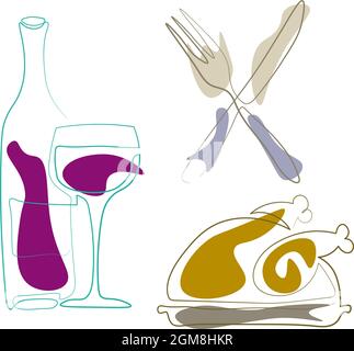 Set of food icons with outline chicken wine knife and fork drawing in filled outline one line style Stock Vector