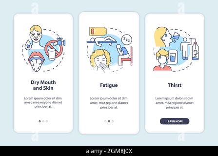 Dehydration symptoms onboarding mobile app page screen Stock Vector
