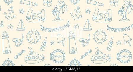 Nautical style seamless wallpaper with hand drawn elements in line art style Stock Vector