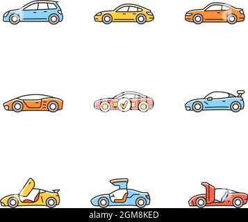 Sports car models RGB color icons set Stock Vector