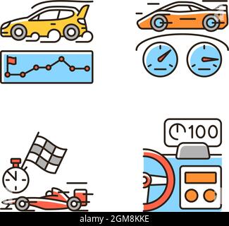 Automobiles racing for competition RGB color icons set Stock Vector
