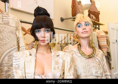 London, UK. 17 September 2021. A model wearing a creation by Paul Costelloe, during a presentation as part of  London Fashion Week September 2021.  Picture date: Friday September 17, 2021. Photo credit should read: Matt Crossick/Empics/Alamy Live News Stock Photo