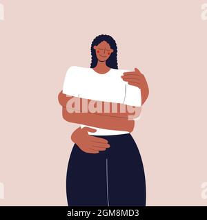 The concept of love and careful attitude to yourself. The black girl hugs herself by the shoulders. Taking care of mental and physical health. Flat Stock Vector