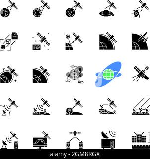 Satellites types black glyph icons set on white space Stock Vector