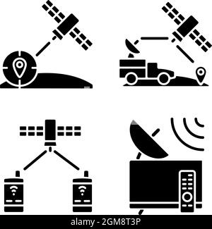 Communications satellites black glyph icons set on white space Stock Vector