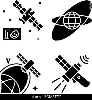 Satellites in space black glyph icons set on white space Stock Vector