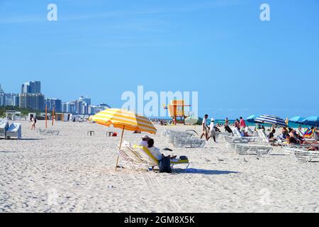 MIAMI BEACH, FL -26 APR 2021- Colorful Art Deco lifeguard station cabin on the beach in Miami Beach, Florida at 3rd Street. Stock Photo