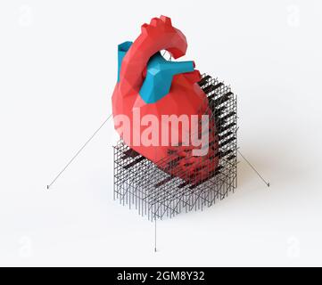3d illustration of low poly human heart repair concept. Isometric 3d render of heart with scaffolding on it