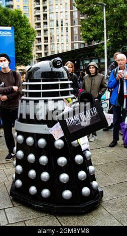 London, United Kingdom - September 14th 2022: Activists and protesters peacefully demonstrate outside the Excel Centre during the Arms Fair. Stock Photo