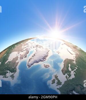 Sun shining over Planet Earth. Physical map of North Pole, Greenland and Arctic Ocean. 3D illustration - Elements of this image furnished by NASA