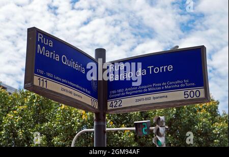 RIO DE JANEIRO, BRAZIL - DECEMBER 20, 2019: Street signs in the neighborhood of Ipanema Stock Photo