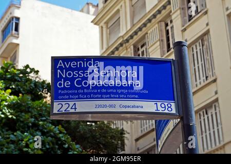 RIO DE JANEIRO, BRAZIL - DECEMBER 27, 2019: Street signs in the neighborhood of Copacabana Stock Photo