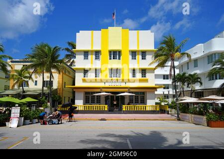 MIAMI BEACH, FL -23 APR 2021- View of the yellow Leslie Hotel, a classic Art Deco building in South Beach, Miami, the capital of Art Deco in the Unite Stock Photo