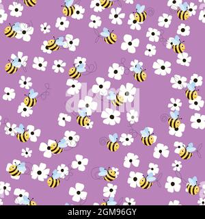 Seamless pattern with bees and flowers on color background. Small wasp. Vector illustration. Adorable cartoon character. Template design for Stock Vector