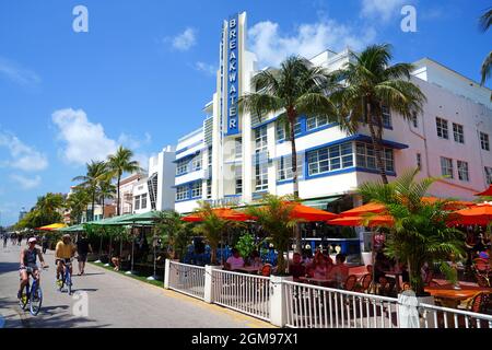 MIAMI BEACH, FL -23 APR 2021- View of the Hotel Breakwater, a classic Art Deco building in South Beach, Miami, the capital of Art Deco in the United S Stock Photo