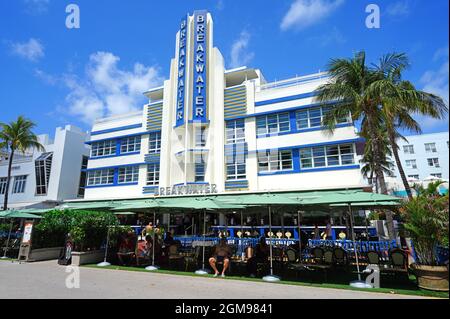 MIAMI BEACH, FL -23 APR 2021- View of the Hotel Breakwater, a classic Art Deco building in South Beach, Miami, the capital of Art Deco in the United S Stock Photo