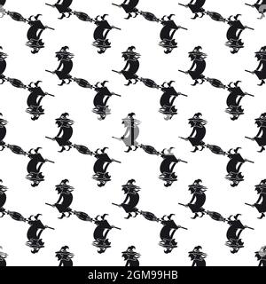 Witch on broom pattern seamless background texture repeat wallpaper geometric vector Stock Vector