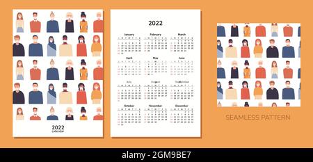 Vertical calendar 2022. People. Happy New Year. Wall A4 calendar. Vector seamless pattern with people in masks. Global society. Working in hospital Stock Vector