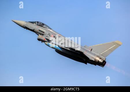 Austrian Air Force Eurofighter Typhoon fighter jet taking off from Kleine-Brogel Air Base, Belgium - September 13, 2021 Stock Photo