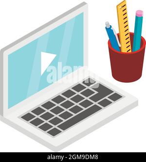 Distance learning icon isometric vector. Laptop and holder with ruler, pen, pencil. Modern education technology, online school Stock Vector