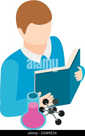 Self education icon isometric vector. Man reading book, laboratory flask, molecule. Education concept, preparing for exam Stock Vector