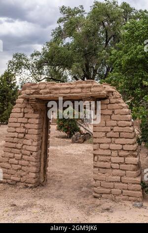 adobe entrance way to San Ysidro Catholic Church, Corrales, New Mexico Stock Photo