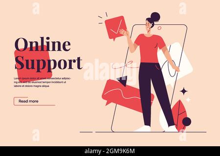 Flat style outline vector illustration on the subject of online customer support, live chat service. Editable stroke Stock Vector