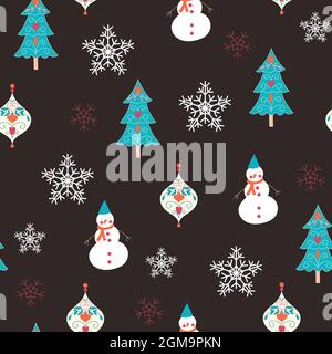 Christmas seamless pattern design with snowman, Christmas tree and snowflakes Stock Vector