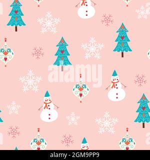 Christmas seamless pattern design with snowman, Christmas tree and snowflakes Stock Vector