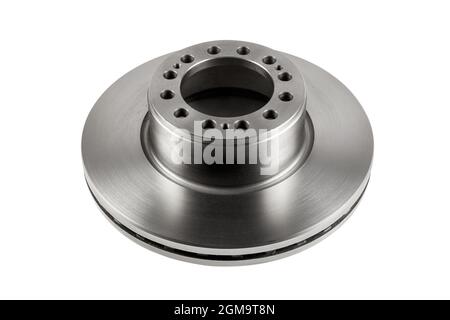 A new brake disc with a perfectly smooth surface isolated on a white background. Detail of a car brake system. Stock Photo