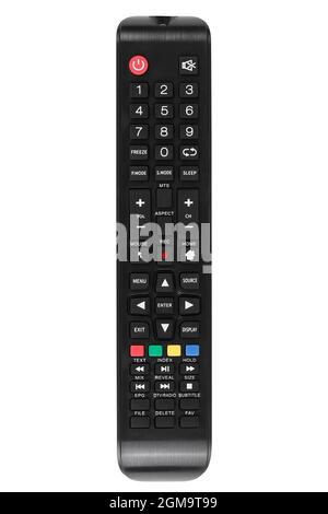 Black color remote control from modern TV set with a lot of buttons isolated on white background. Stock Photo