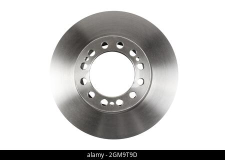 The front brake disc of a passenger car's top view is isolated on white background. A spare part for a passenger car. Part of the braking system of a Stock Photo