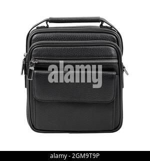 Black leather small bag for money, keys, and documents isolated on white. Black men's wallet Stock Photo
